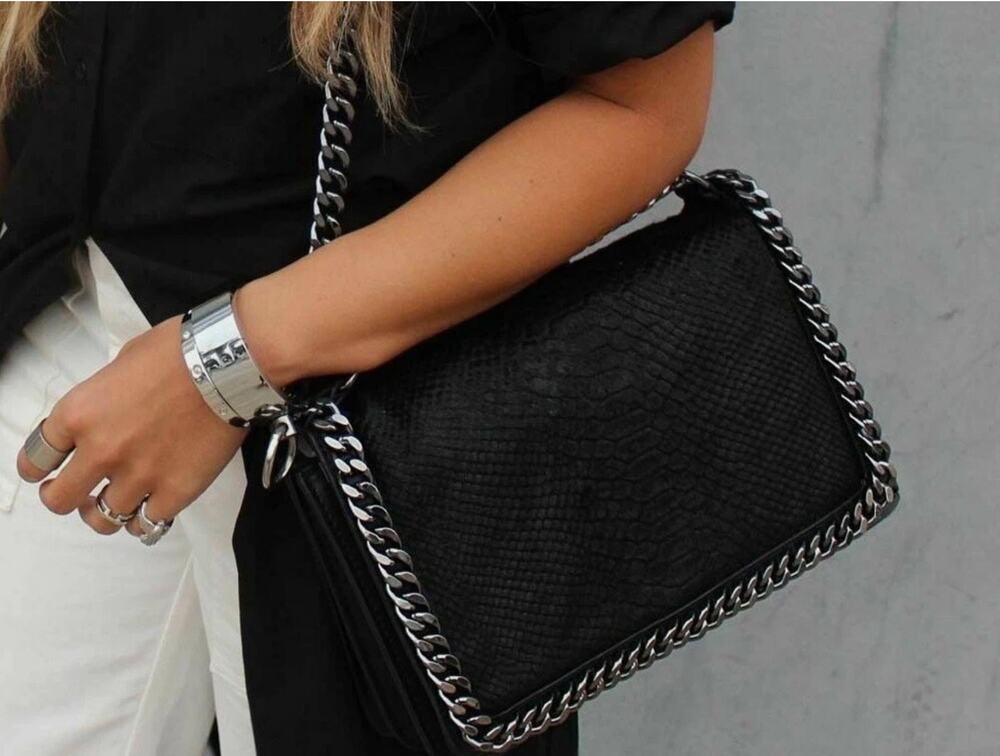Zara Black Leather Pony Skin Snake Embossed Chain Trimmed Bag